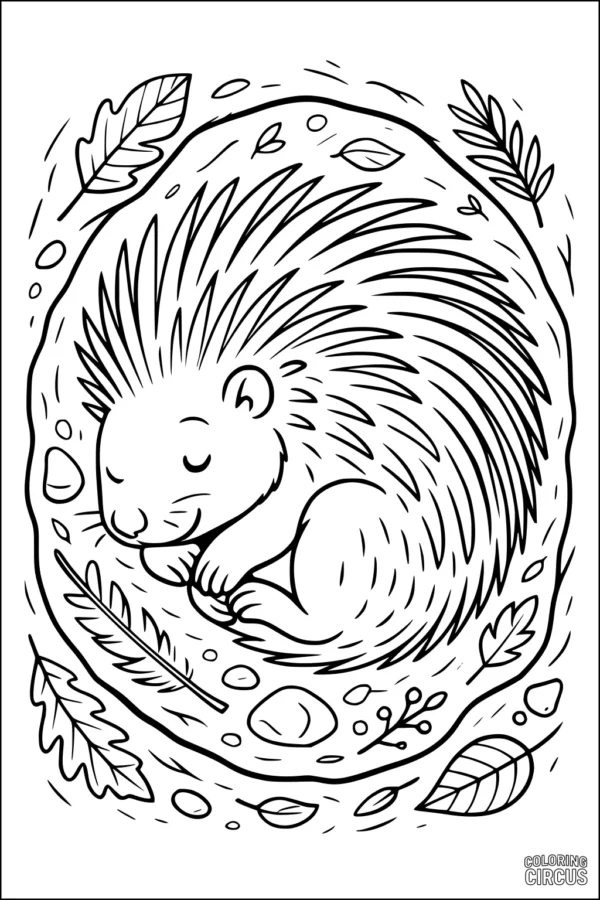 Coloring page showing a cute porcupine sleeping in a nest surrounded by leaves and nature elements