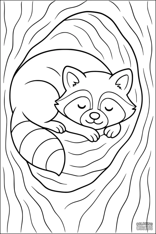 Coloring page of a cute raccoon sleeping in a tree hollow