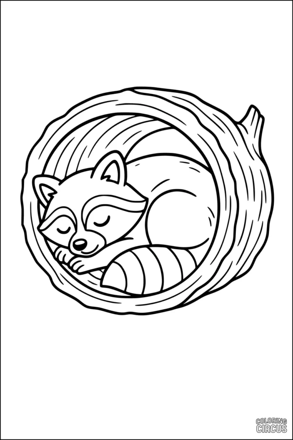Coloring page showing a raccoon sleeping inside a tree trunk