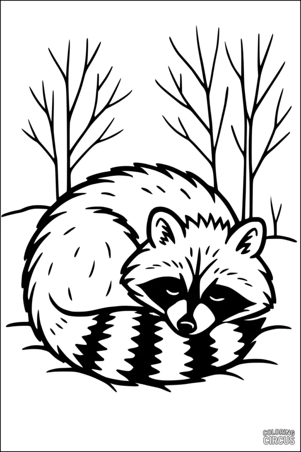 Coloring page of a curled-up raccoon sleeping under bare winter trees