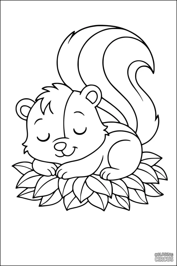 Coloring page showing a cute skunk sleeping on a pile of leaves