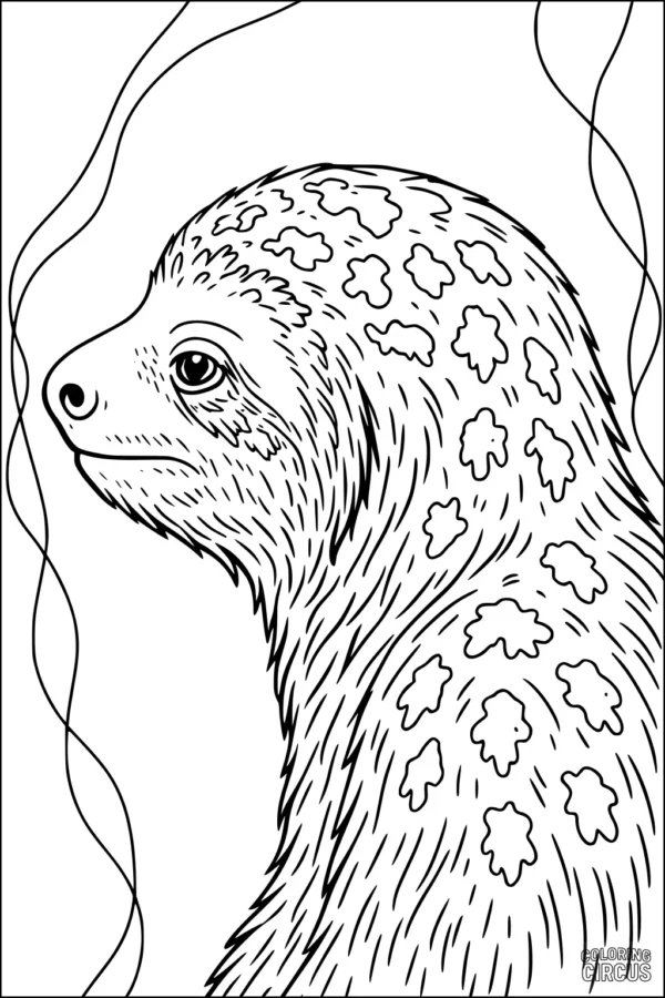 Coloring page showing a detailed sloth with patterned fur and vines
