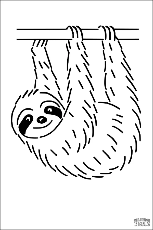 Coloring page of a cute sloth hanging from a tree branch, designed for kids
