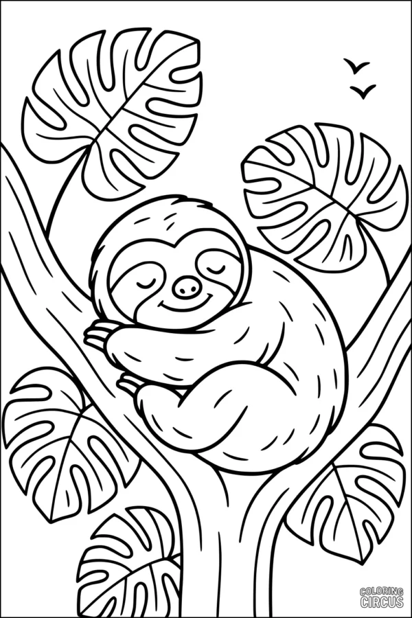 Coloring page of a smiling sloth sleeping on a tree branch surrounded by large jungle leaves