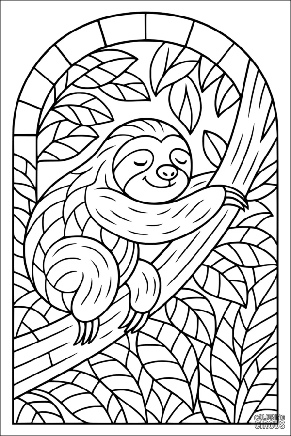 Coloring page with a cute sloth sleeping on a tree branch surrounded by rainforest leaves