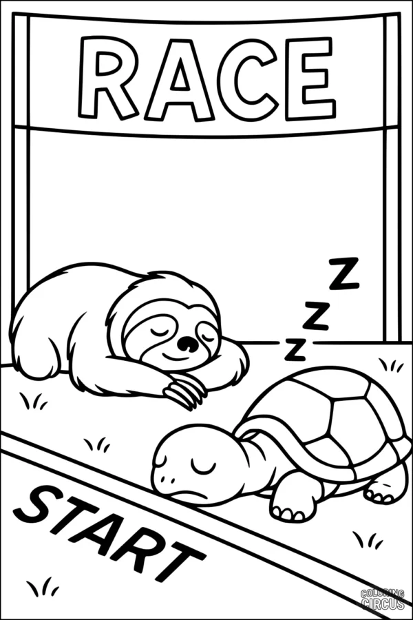 Coloring page featuring a sloth and tortoise napping at the start of a race.