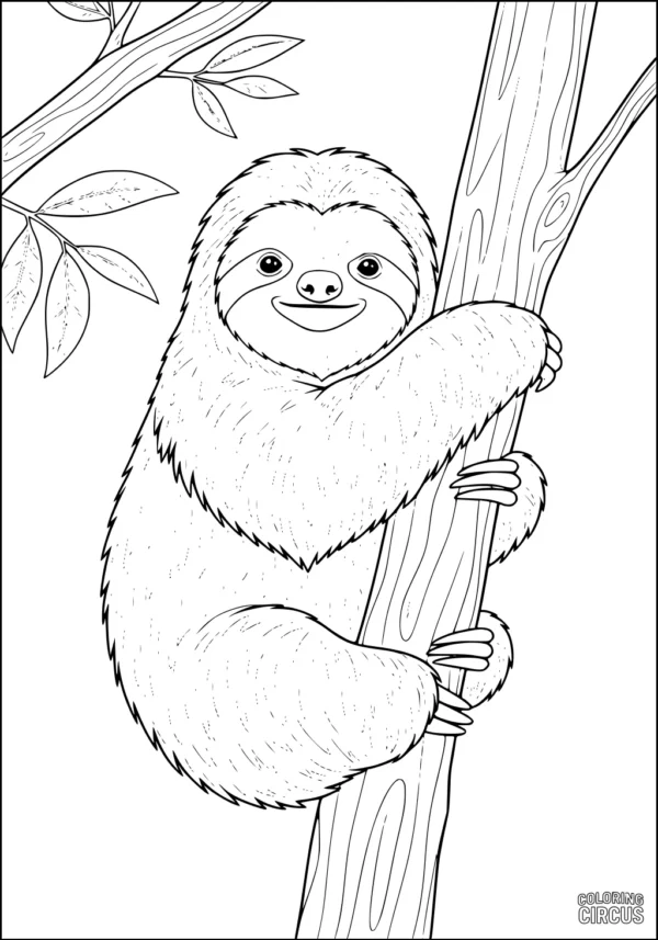 Coloring page showing a cute sloth hugging a tree branch with leaves