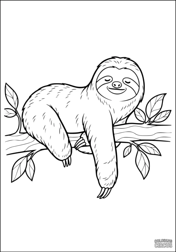 Coloring page of a smiling sloth resting on a tree branch with leaves