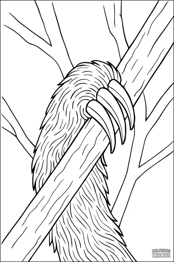 Coloring page showing a sloth hanging onto a tree branch