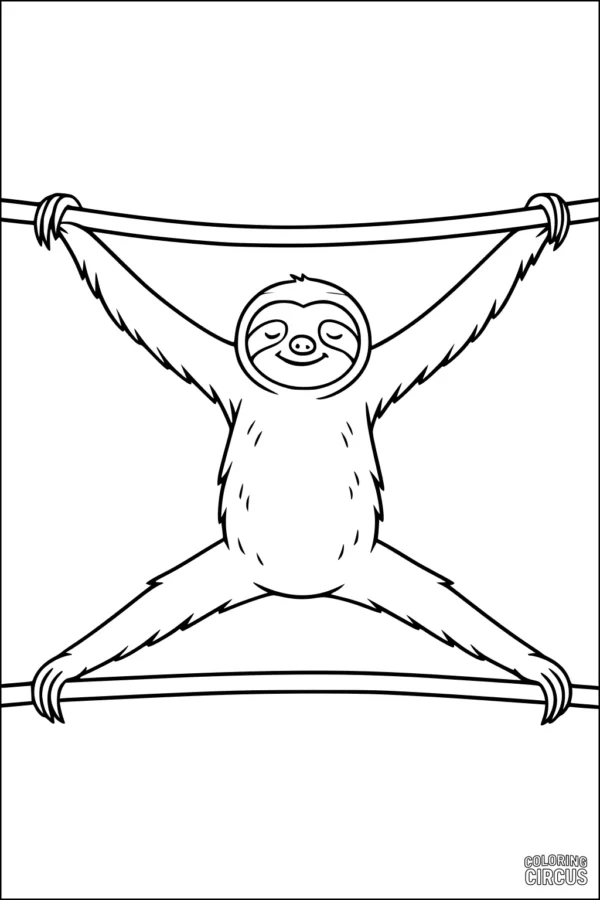 Coloring page showing a smiling sloth hanging between two vines in a cute cartoon style