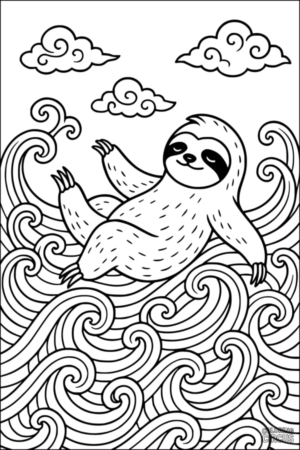 Coloring page featuring a happy sloth floating on stylized waves under whimsical clouds