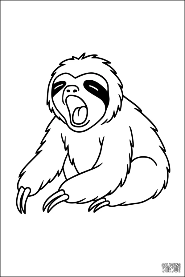 Coloring page of a cartoon sloth yawning with its mouth wide open and sitting with big claws.