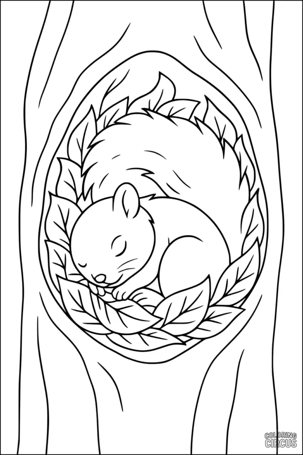 Coloring page showing a sleeping squirrel curled inside a leafy nest in a tree hollow