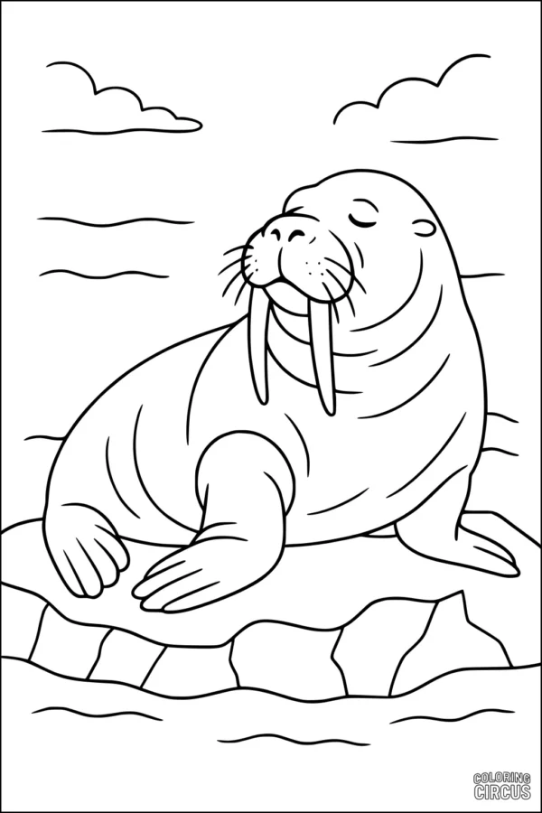 Coloring page of a walrus resting on ice with water and clouds