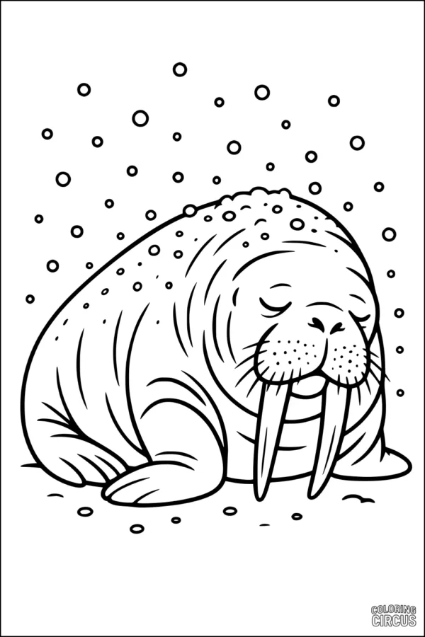 Coloring page showing a cartoon walrus sleeping peacefully as snow falls