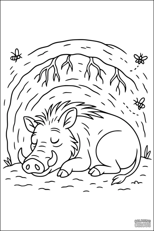 Coloring page of a cute sleepy warthog resting in a burrow with bees and tree roots
