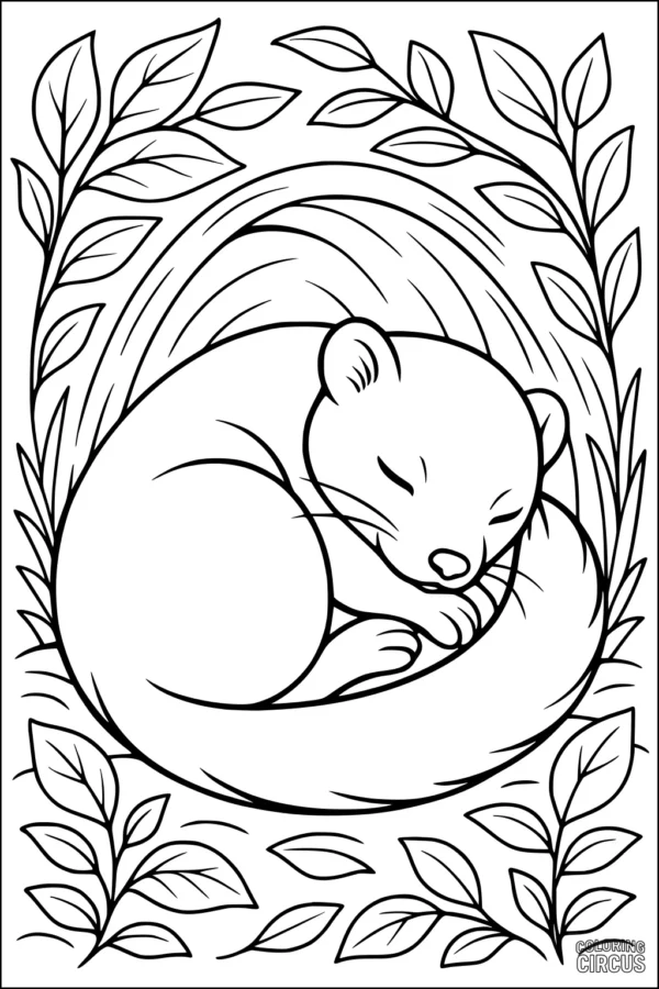 Coloring page showing a sleeping weasel curled up inside a leafy nest