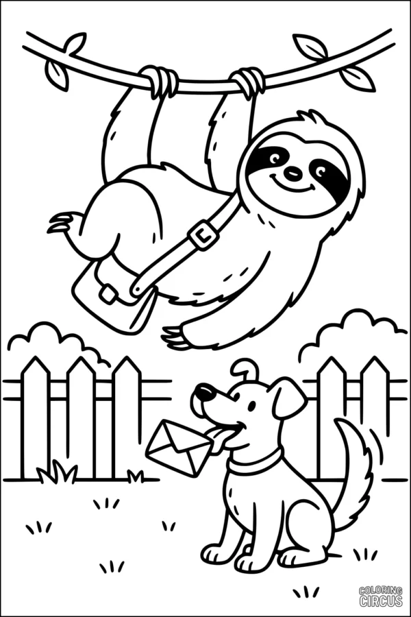 Coloring page sloth hanging from tree with dog holding mail in backyard