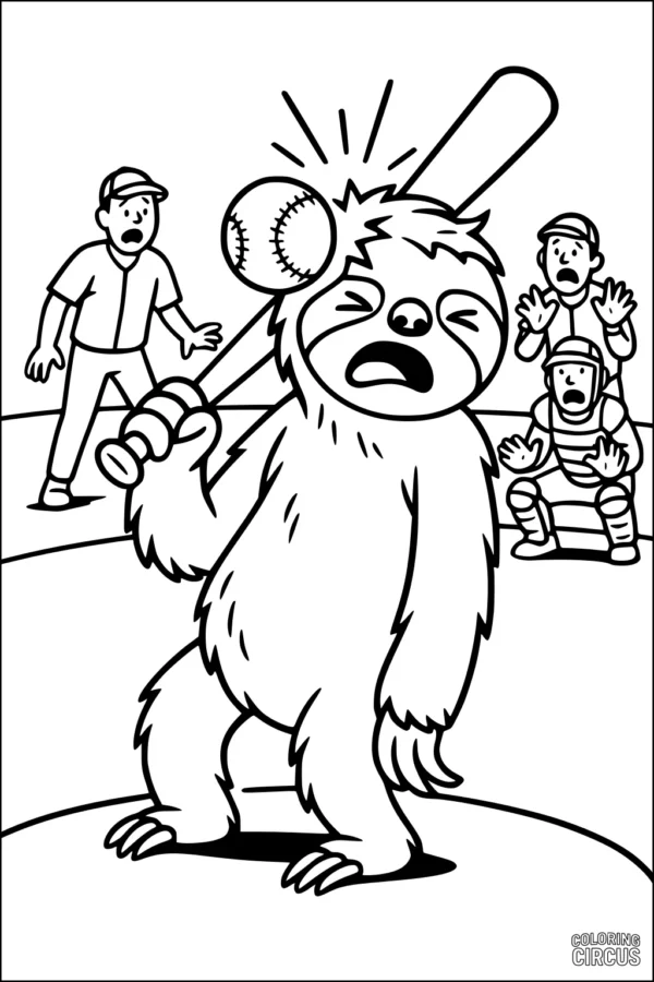 Coloring page featuring a cartoon sloth at bat in a baseball game, with surprised players in the background
