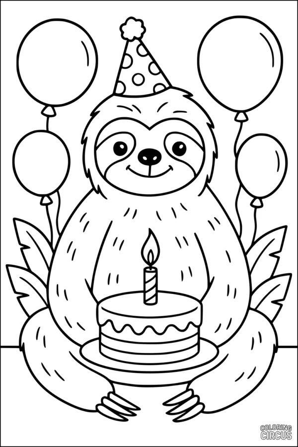Coloring page of a smiling sloth wearing a party hat, holding a birthday cake with a candle, surrounded by balloons