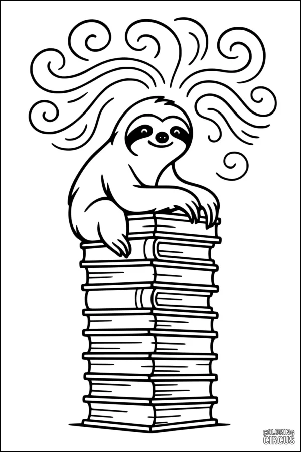 Coloring page showing a cute sloth resting on a tall stack of books with whimsical swirls overhead.