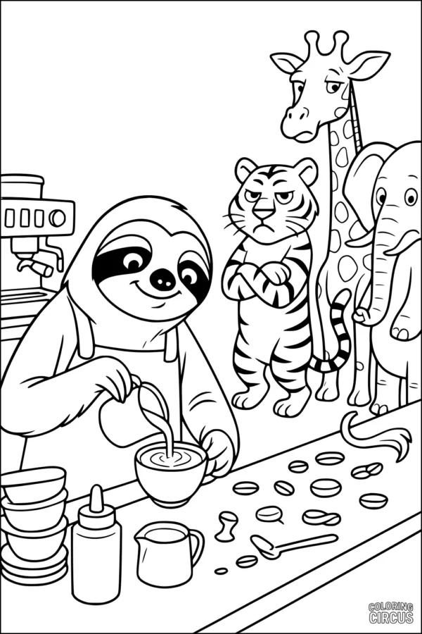 Coloring page of a sloth making drinks for a giraffe, tiger, and elephant in an animal café scene