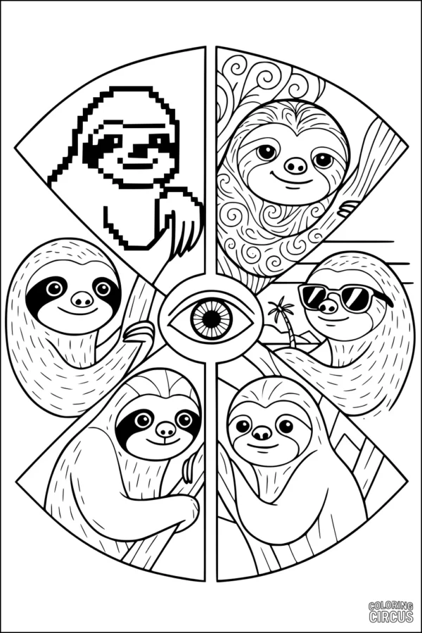 Coloring page featuring six unique sloths in a circular pattern, each with different styles and backgrounds.