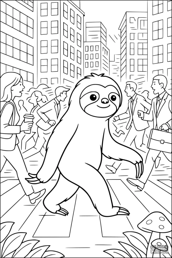 Coloring page sloth walking calmly across busy city street while people rush by