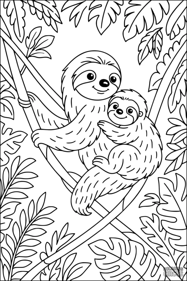 Coloring page featuring a mother and baby sloth cuddling on a tree branch in a leafy rainforest setting
