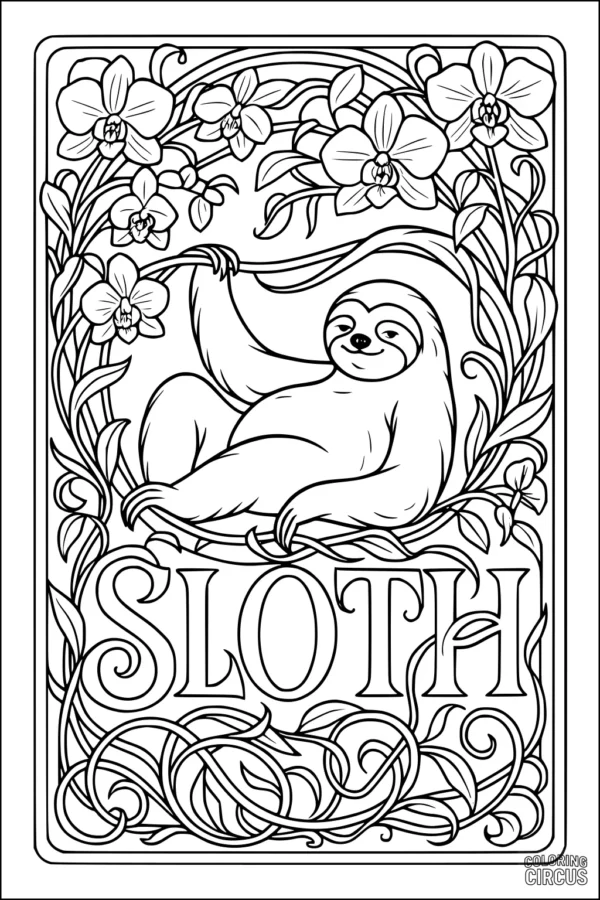 Coloring page featuring a smiling sloth hanging from a vine surrounded by blooming orchids and tropical leaves with the word 'SLOTH' in bold letters