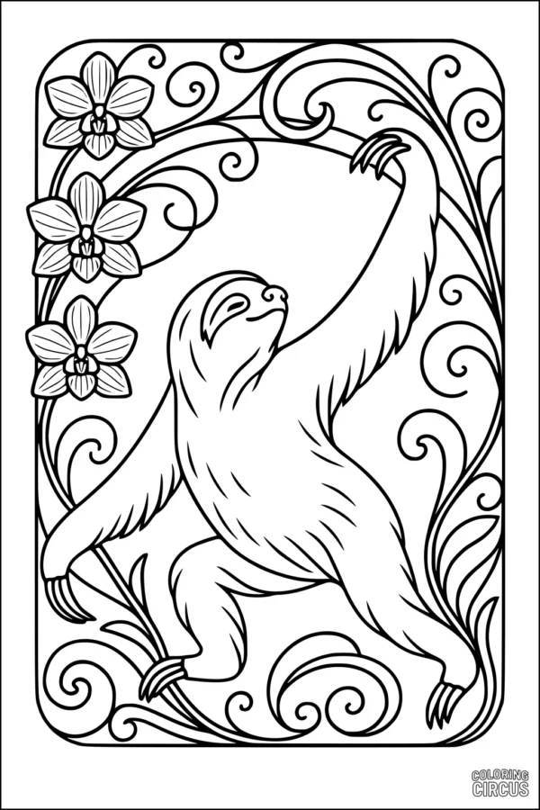 Coloring page showing a sloth hanging from a branch surrounded by decorative flowers and vines
