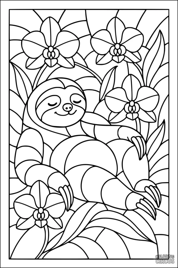 Coloring page featuring a smiling sloth relaxing among large tropical flowers and leaves, perfect for children