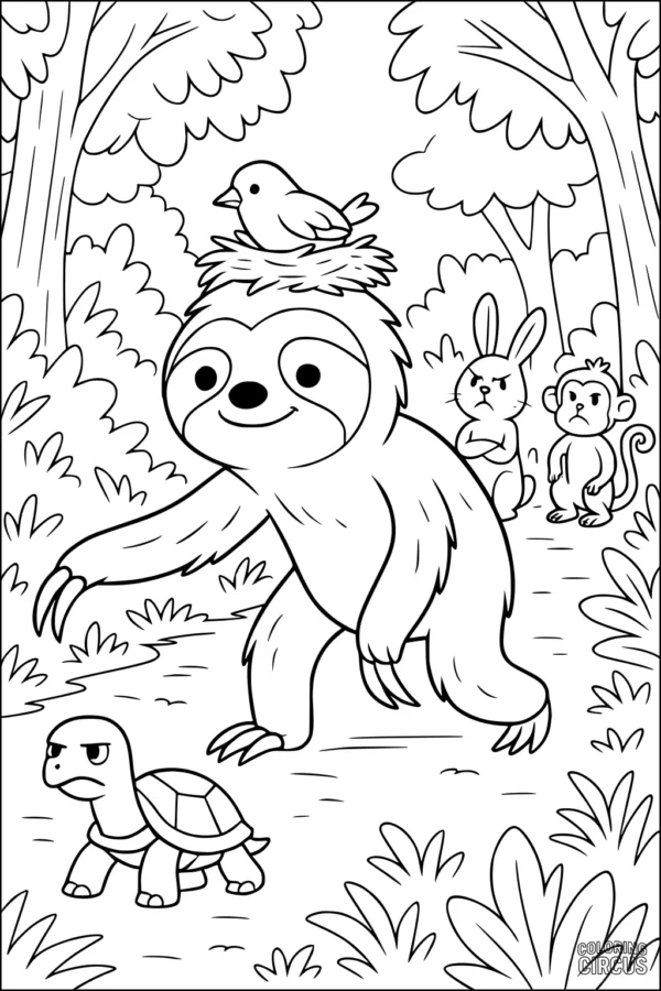 Coloring page showing a smiling sloth walking in a forest with a bird nested on its head, a turtle, a rabbit, and a monkey