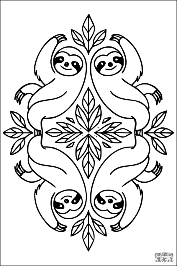 Coloring page featuring four cartoon sloths hanging from leafy branches in a symmetrical pattern