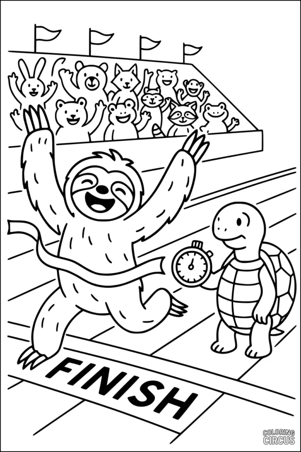 Coloring page of a sloth winning a race at the finish line, cheered by woodland animals and a turtle with a stopwatch.