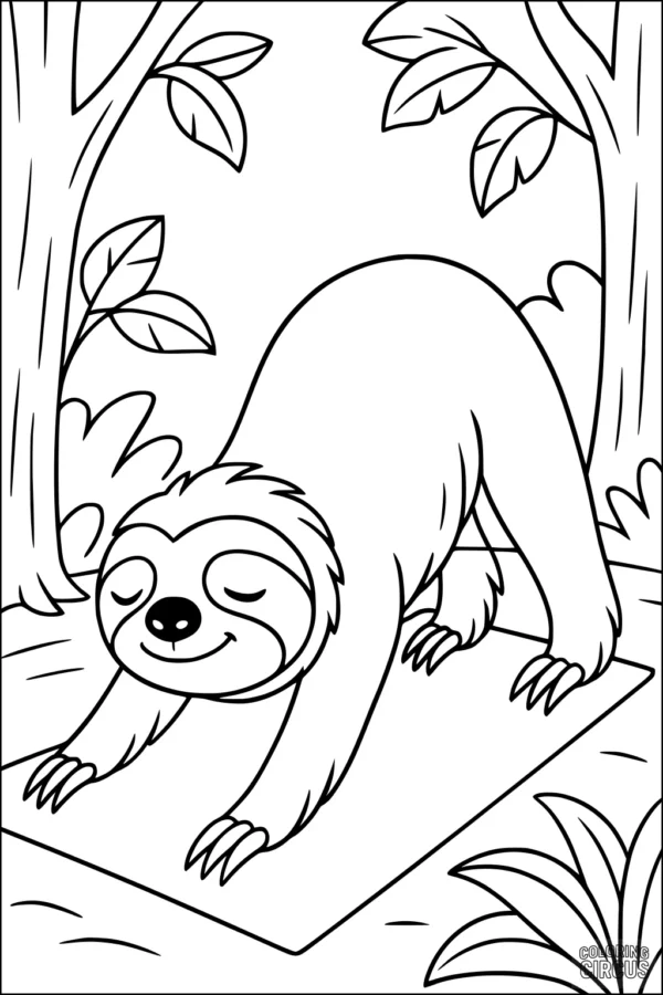 Coloring page of a smiling sloth stretching on a mat between trees in a forest