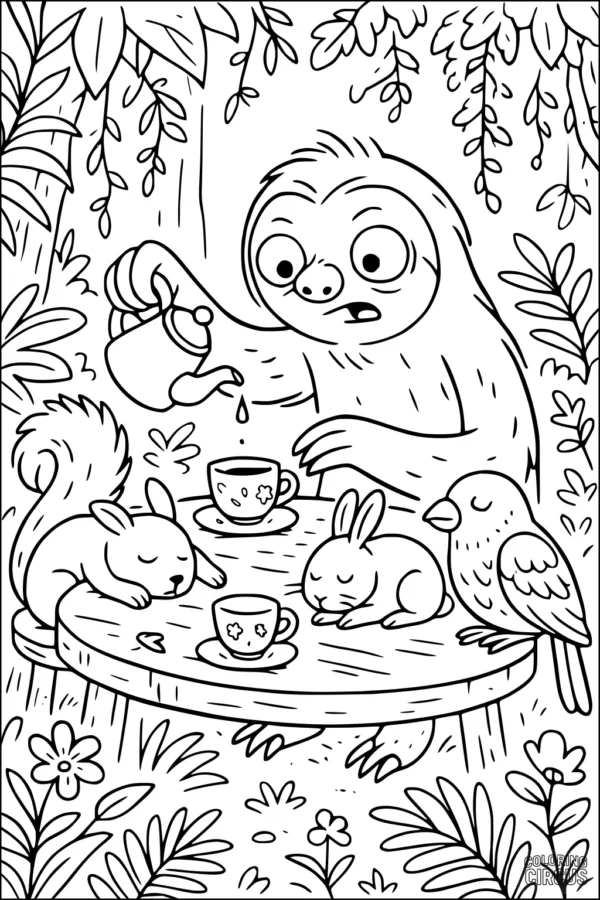 Coloring page showing a sloth pouring tea for animal friends at a woodland table