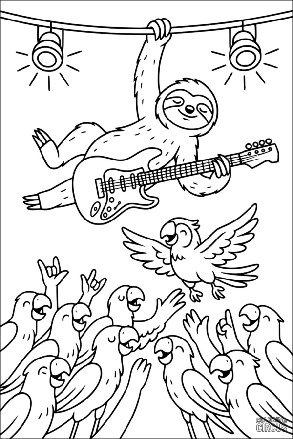 Coloring page of a sloth playing guitar above cheering parrots at a concert