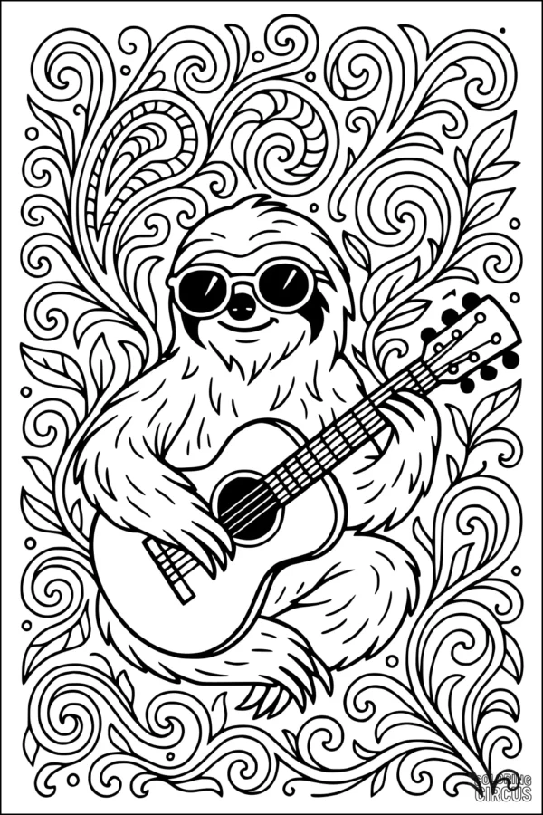 Coloring page of a sloth wearing sunglasses and playing guitar surrounded by swirling leafy patterns