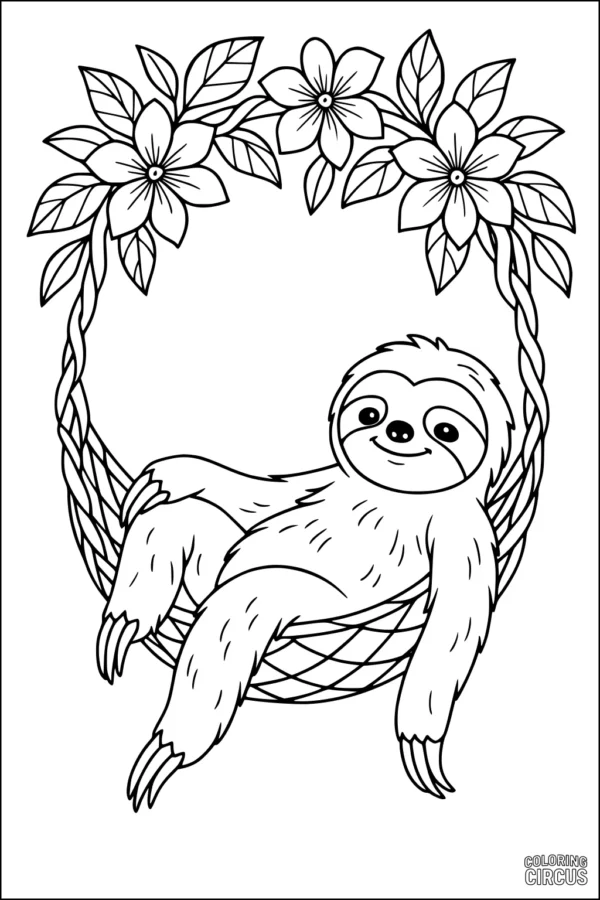 Coloring page of a smiling sloth lounging in a woven hammock surrounded by large flowers and leafy vines