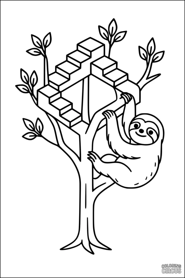 Coloring page featuring a cartoon sloth hanging on an impossible triangle tree