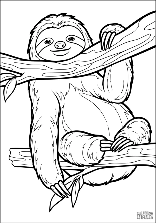 Coloring page of a smiling sloth resting on tree branches, simple and friendly design.