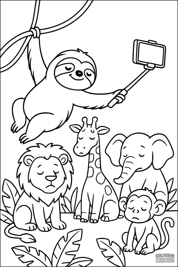 Coloring page of a smiling sloth taking a selfie with a lion, giraffe, elephant, and monkey in a jungle