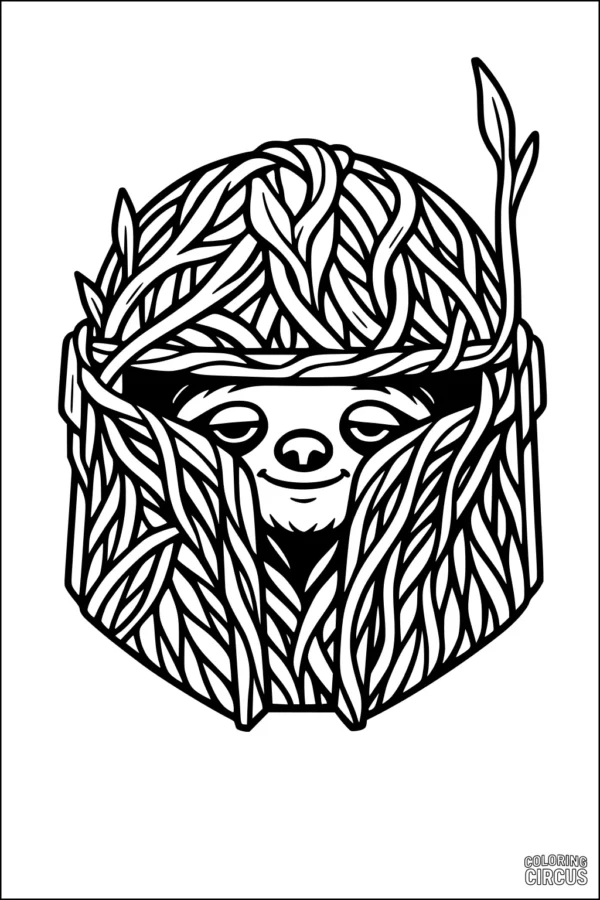 Coloring page featuring a sloth with a leaf-patterned helmet, surrounded by swirling vines