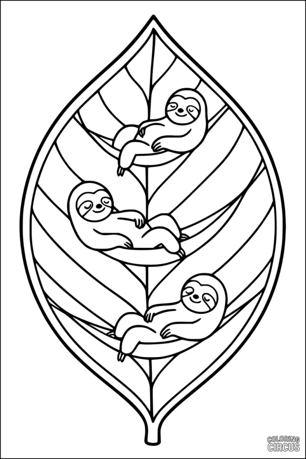 Coloring page featuring three cartoon sloths relaxing on a large leaf, suitable for kids
