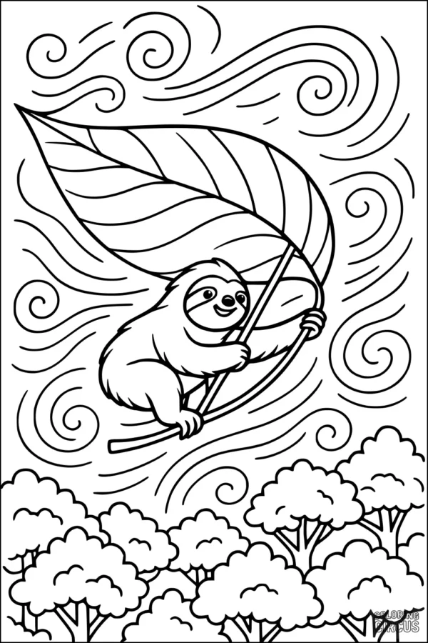 Coloring page featuring a smiling sloth riding a large leaf above a forest with swirling wind patterns