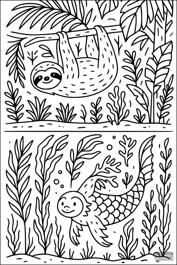 Coloring page with a sloth hanging from a rainforest tree and a mermaid sloth swimming underwater among sea plants