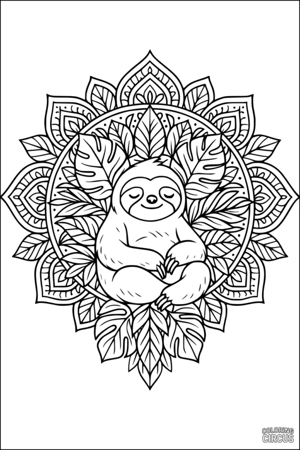 Coloring page featuring a cute sloth surrounded by leafy mandala patterns