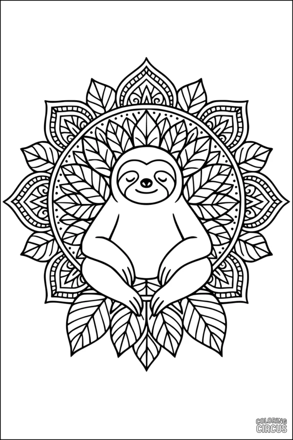Coloring page featuring a smiling sloth in the center of a detailed mandala surrounded by leaves