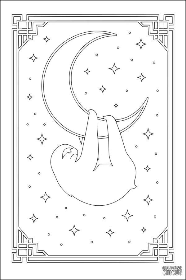 Coloring page featuring a cute sloth hanging from a crescent moon surrounded by stars in a decorative frame
